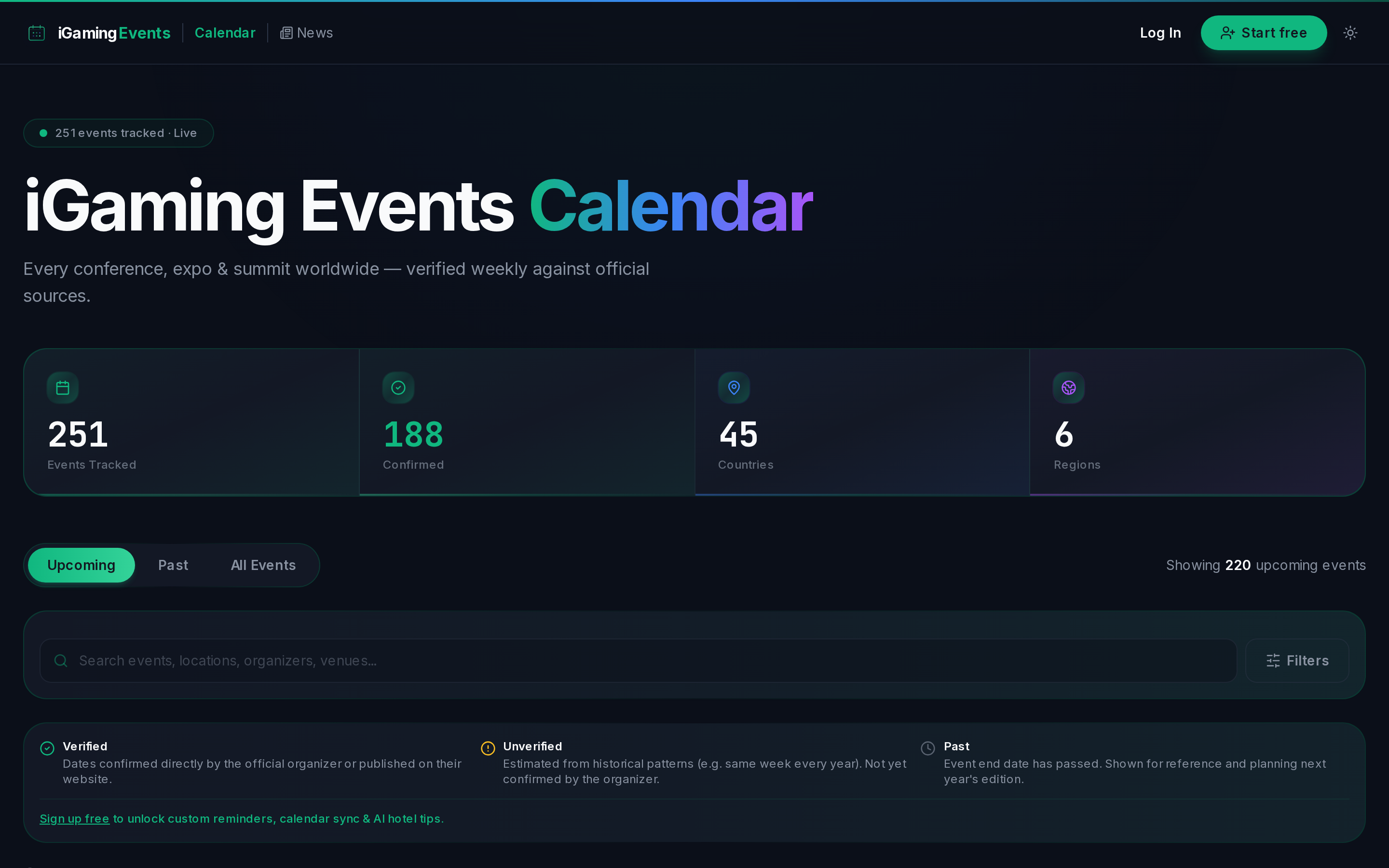 iGamingEvents.ai dashboard showing verified events, calendar sync, and smart alerts